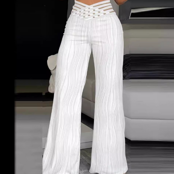 Pantalon large femme taille haute blanc texturé - style décontracté d'été