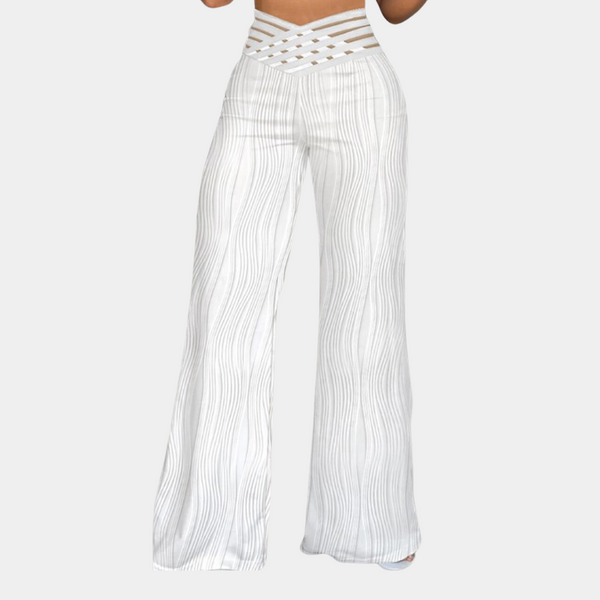Pantalon large femme taille haute blanc texturé - style décontracté d'été