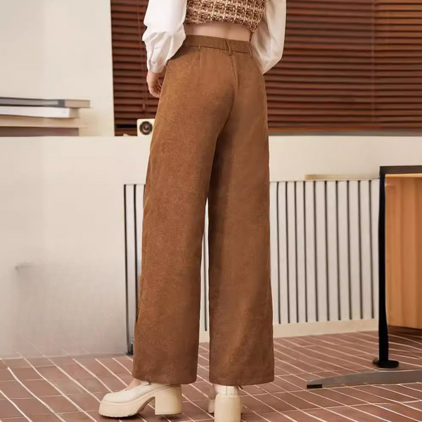 Pantalon femme à jambes larges taille haute marron - style décontracté pour l'automne