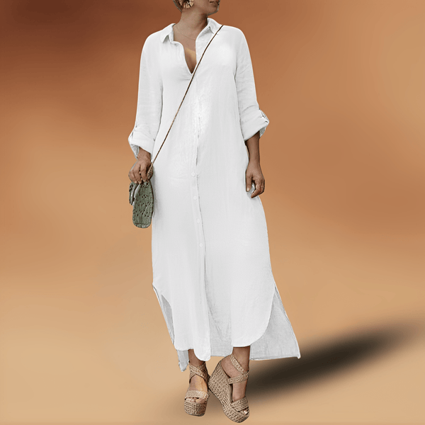 Robe chemise en lin pour femme avec manches retroussées - style long élégant pour le quotidien