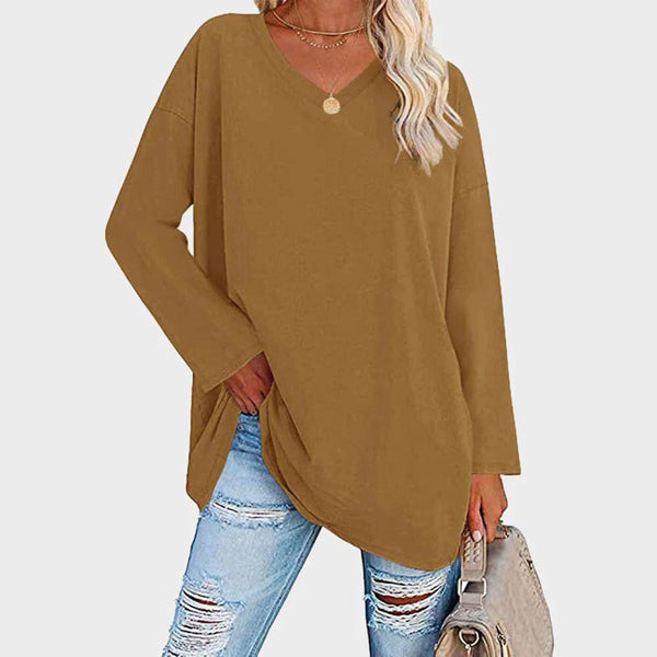 Blouse longue à col en v pour femmes - coupe décontractée, tenue quotidienne