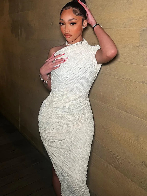 Robe midi droite à une épaule - robe midi grise élégante avec fente sur le côté