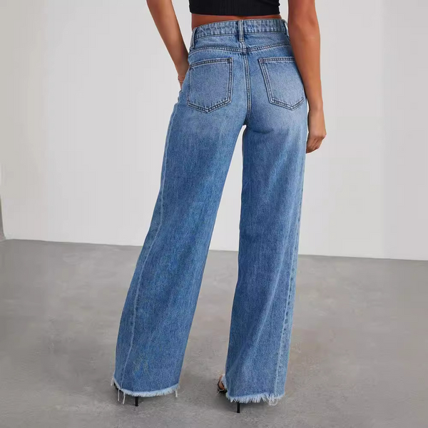 Jeans bleus taille haute pour femmes - pantalon en denim à jambes larges