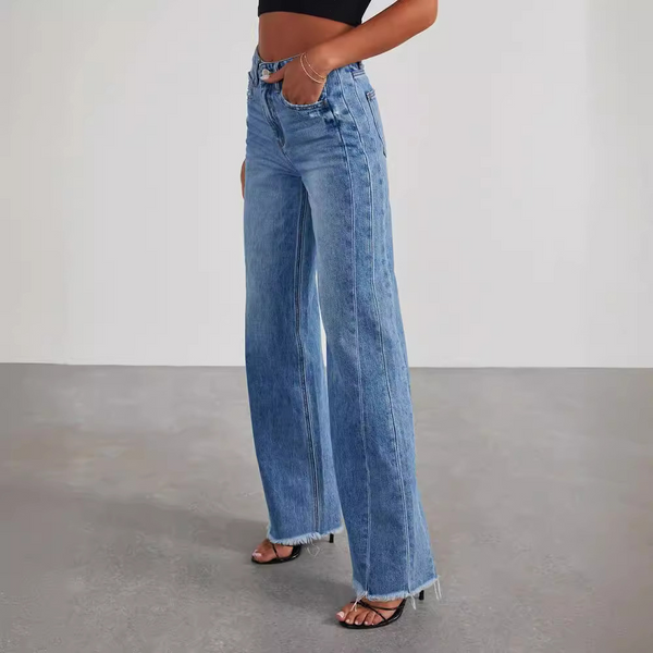 Jeans bleus taille haute pour femmes - pantalon en denim à jambes larges