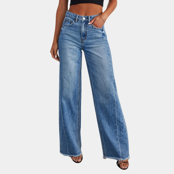 Jeans bleus taille haute pour femmes - pantalon en denim à jambes larges