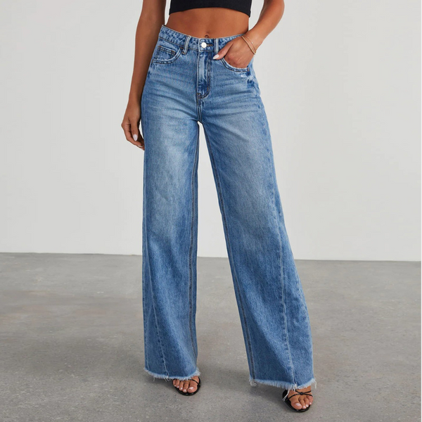 Jeans bleus taille haute pour femmes - pantalon en denim à jambes larges
