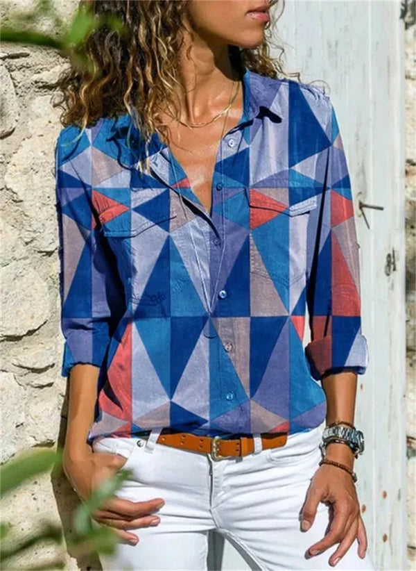 Blouse élégante à motifs géométriques à manches longues pour femmes - une tenue chic au quotidien