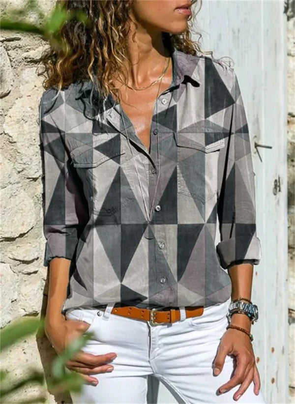 Blouse élégante à motifs géométriques à manches longues pour femmes - une tenue chic au quotidien