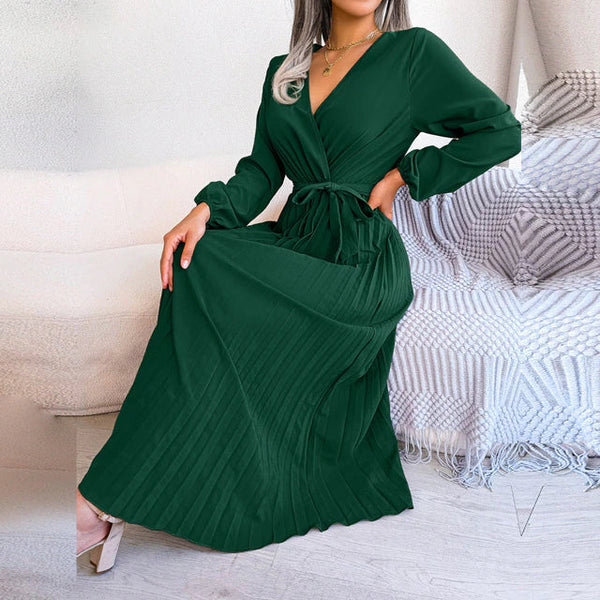 Robe midi femme - style wrap élégant avec manches longues plissées pour les occasions spéciales