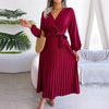 Robe midi femme - style wrap élégant avec manches longues plissées pour les occasions spéciales