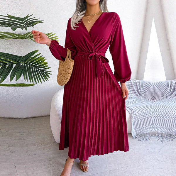 Robe midi femme - style wrap élégant avec manches longues plissées pour les occasions spéciales