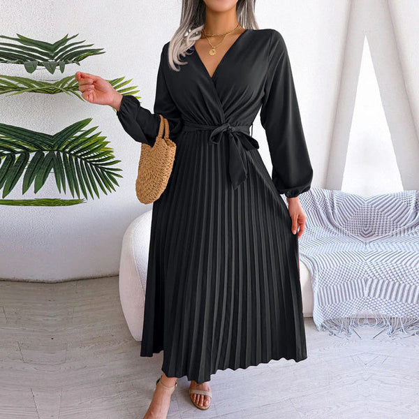 Robe midi femme - style wrap élégant avec manches longues plissées pour les occasions spéciales