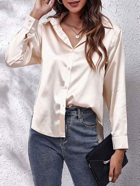 Blouse satin à manches longues - top élégant à boutons pour femmes