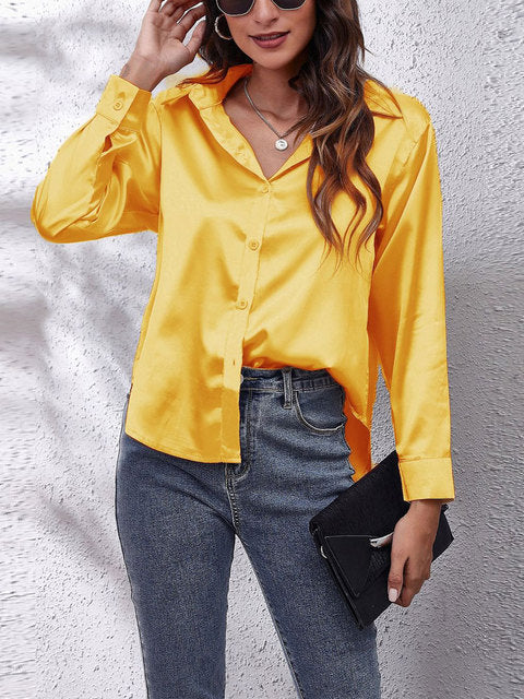 Blouse satin à manches longues - top élégant à boutons pour femmes