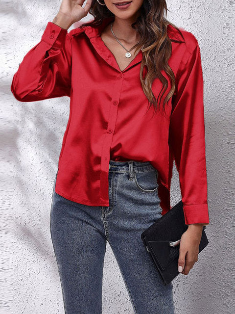 Blouse satin à manches longues - top élégant à boutons pour femmes