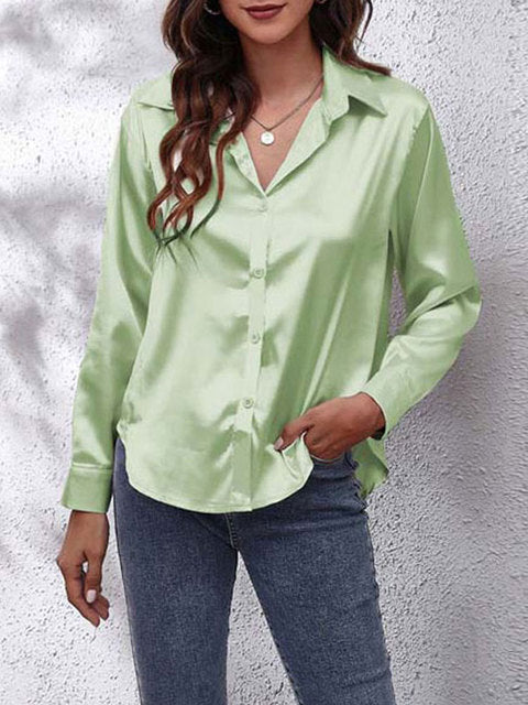 Blouse satin à manches longues - top élégant à boutons pour femmes