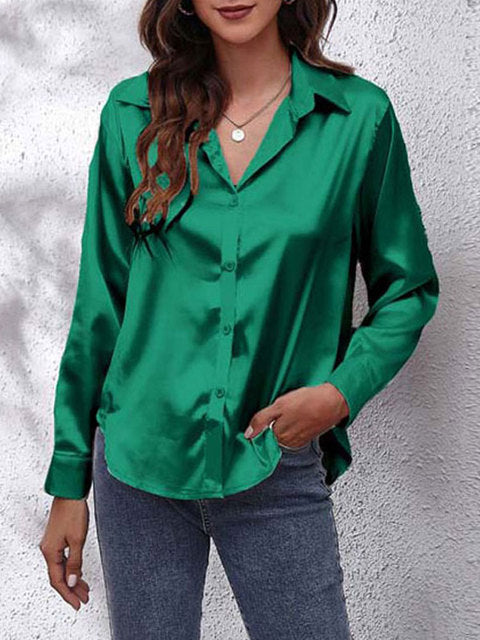 Blouse satin à manches longues - top élégant à boutons pour femmes