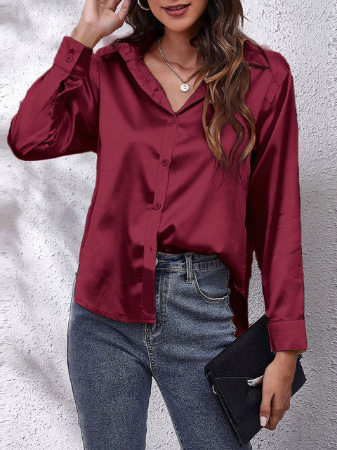 Blouse satin à manches longues - top élégant à boutons pour femmes