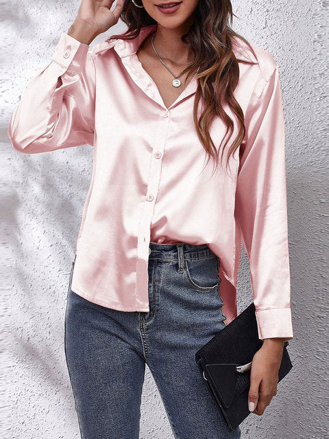 Blouse satin à manches longues - top élégant à boutons pour femmes