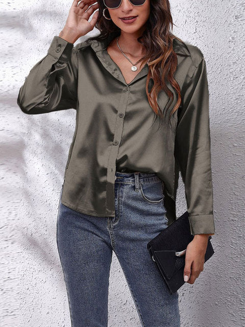 Blouse satin à manches longues - top élégant à boutons pour femmes