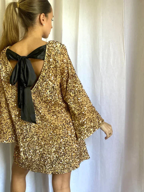 Robe en sequins pour femme - élégante tenue de soirée avec un nœud moderne à l'arrière pour occasions spéciales