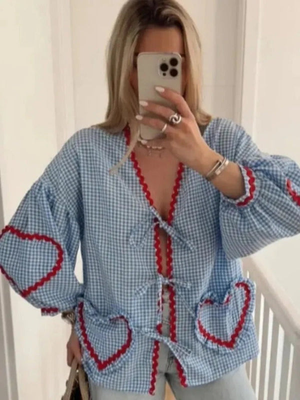 Chemisier décontracté pour femme en gingham léger avec dentelle et poches en forme de cœur - top pour le quotidien