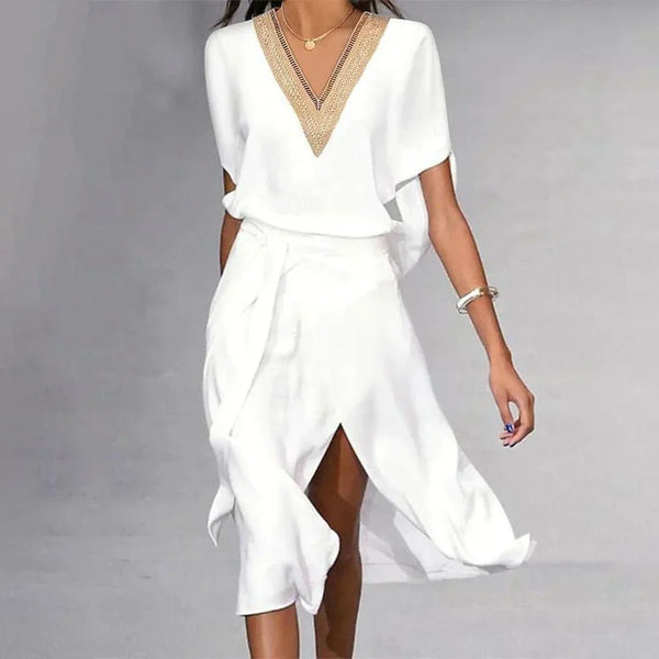 Robe midi décontractée femme élégante en v blanc - tenue d'été légère