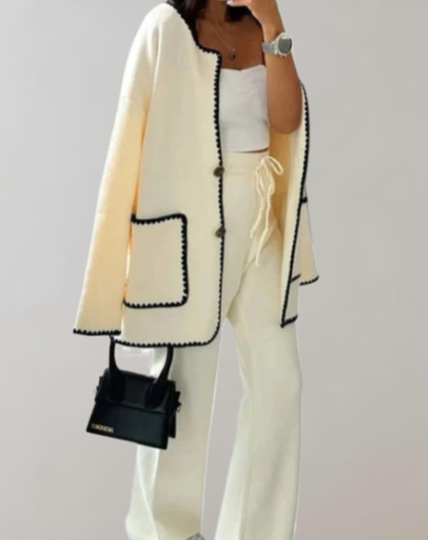 Cardigan long femme avec bord contrasté - pièce de superposition légère pour la vie quotidienne et le bureau