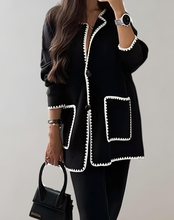 Cardigan long femme avec bord contrasté - pièce de superposition légère pour la vie quotidienne et le bureau