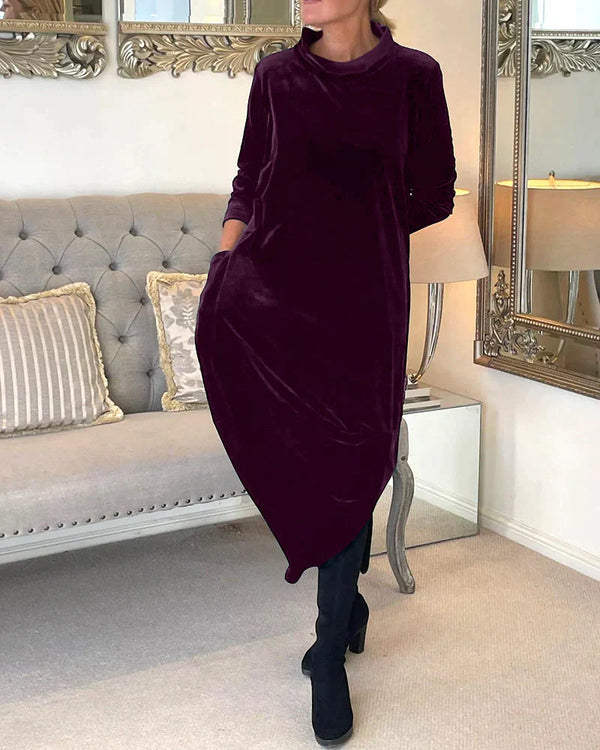Robe midi en velours pour femmes - élégante à manches longues avec poches pour les soirées