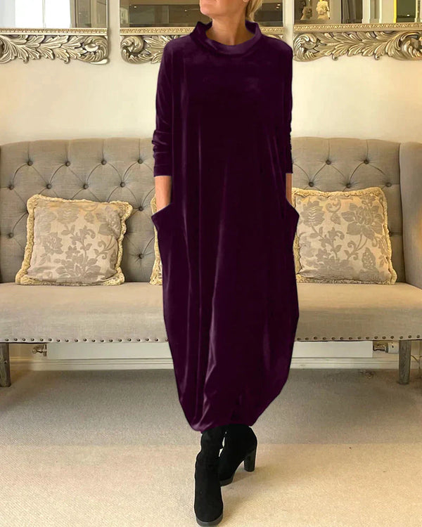 Robe midi en velours pour femmes - élégante à manches longues avec poches pour les soirées