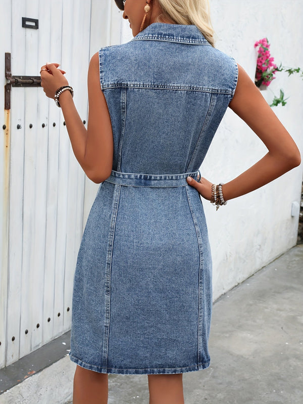 Robe chemise en denim bleu - robe sans manches avec ceinture pour un style sans effort