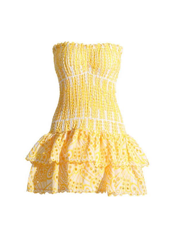 Robe d'été décontractée pour femmes - robe sans manches jaune brodée - pour les garden parties et journées à la plage