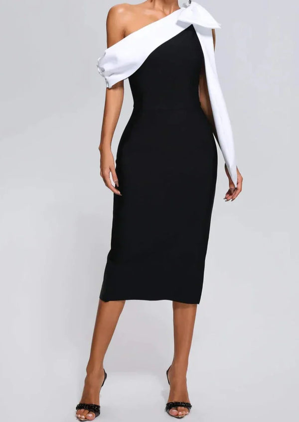 Robe midi noire élégante pour femmes avec un nœud blanc - pour les soirées et occasions habillées