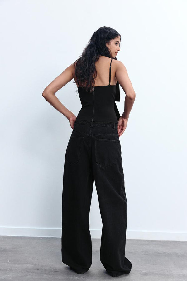 Blouse élégante à nœud - top en paillettes noires pour vos soirées