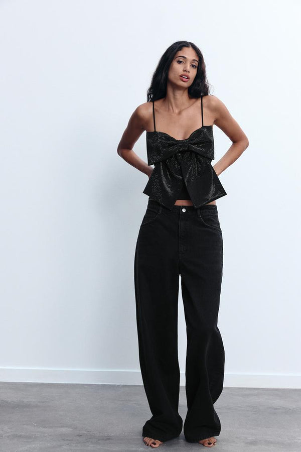 Blouse élégante à nœud - top en paillettes noires pour vos soirées