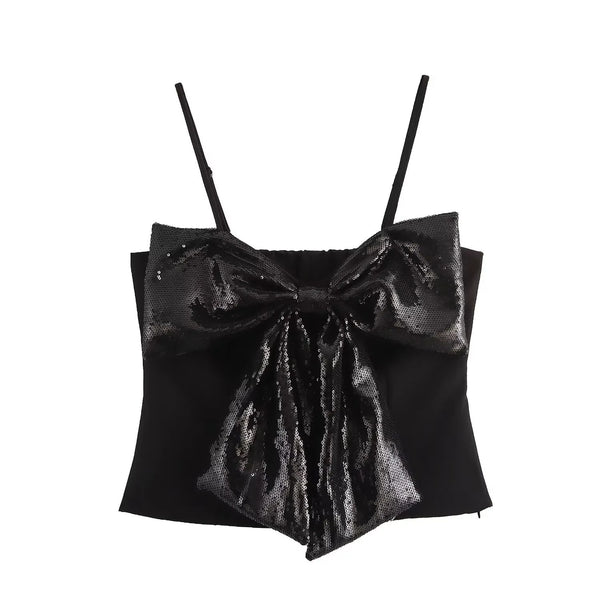 Blouse élégante à nœud - top en paillettes noires pour vos soirées