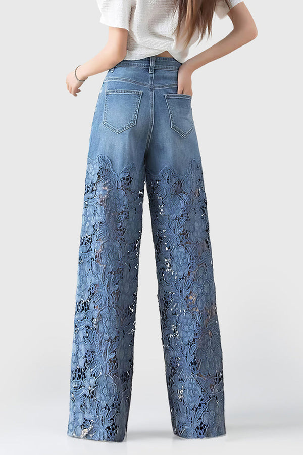 Jeans larges femmes avec superposition de dentelle florale bleue - pantalons décontractés et chics pour les femmes modernes