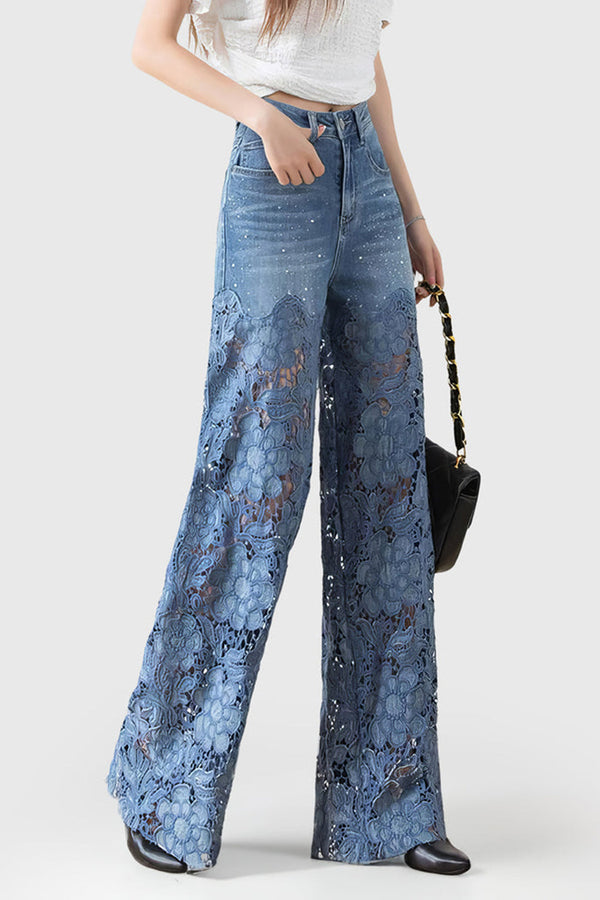 Jeans larges femmes avec superposition de dentelle florale bleue - pantalons décontractés et chics pour les femmes modernes