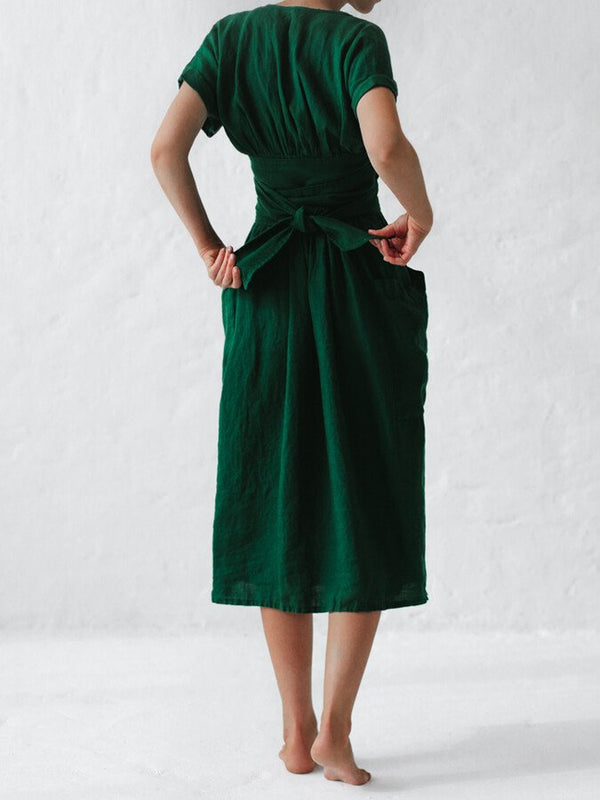 Robe midi en lin pour femmes à nouer - chic pour vos sorties d'été