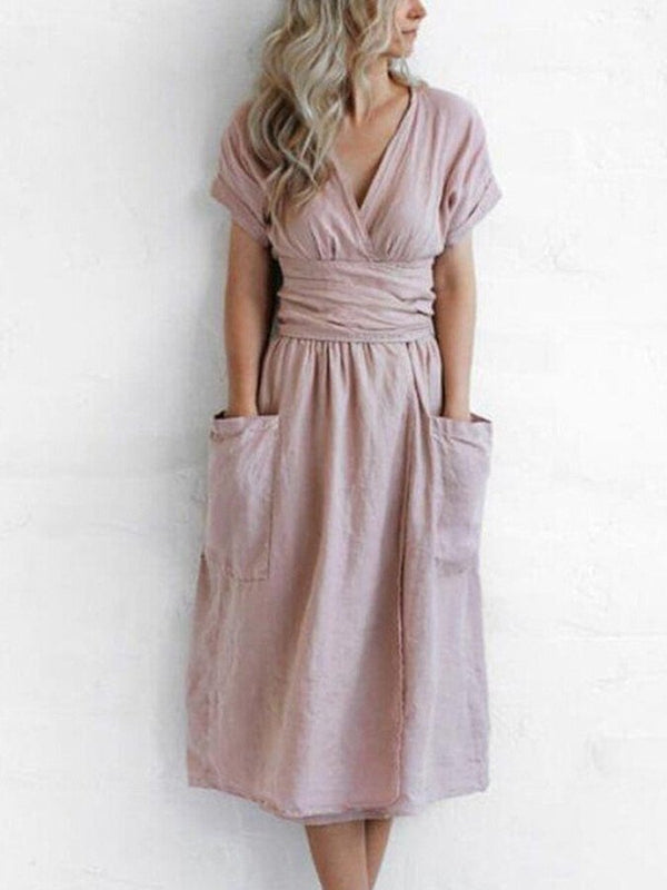 Robe midi en lin pour femmes à nouer - chic pour vos sorties d'été