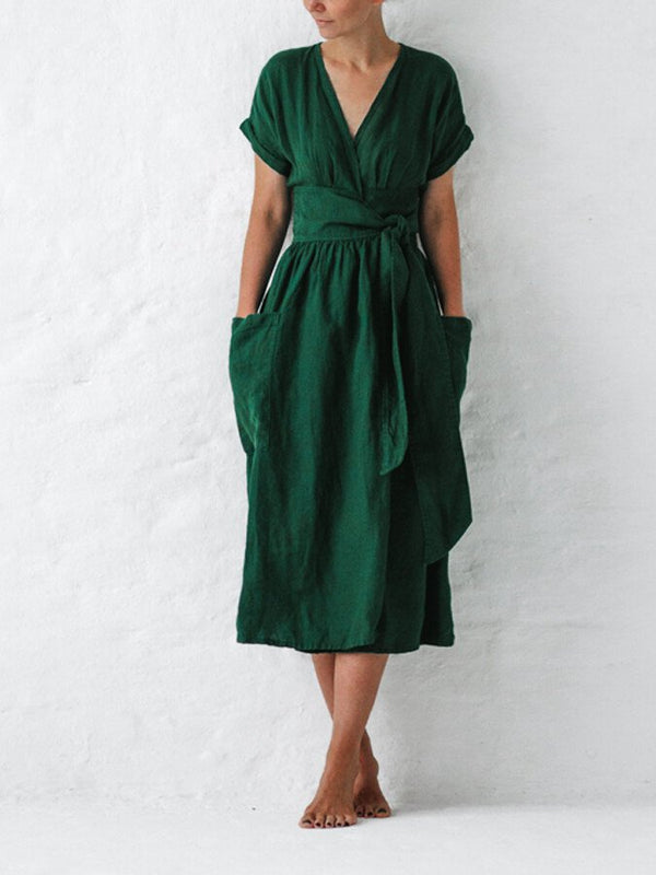 Robe midi en lin pour femmes à nouer - chic pour vos sorties d'été