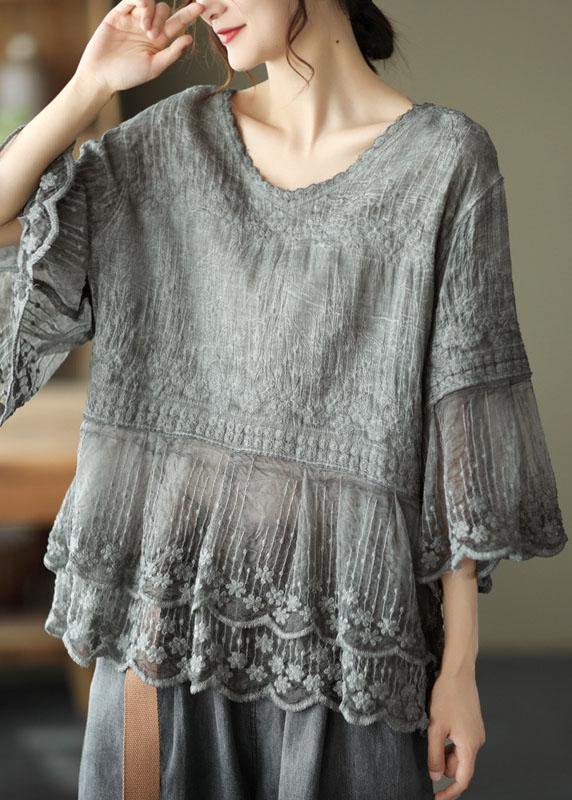 Tops élégants pour femme à manches courtes brodés - design léger à col rond pour vos sorties décontractées