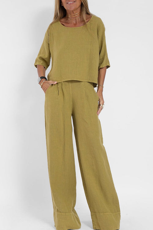 Ensemble 2 pièces en lin mélangé - coupe décontractée - tenue chic pour un usage quotidien