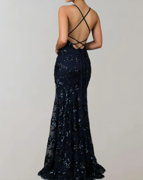 Robe de soirée femme - élégante robe maxi en sequins noirs pour occasions spéciales - chic et tendance