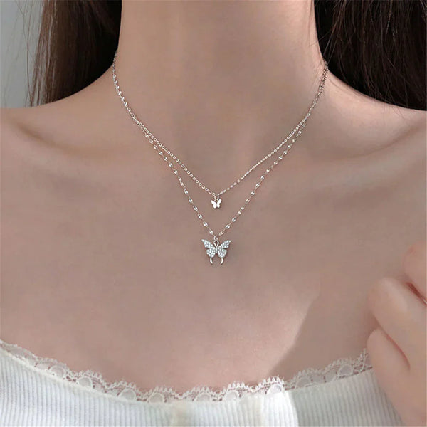 Ensemble de colliers en argent pour femmes - pendentif papillon élégant pour vos soirées - design délicat en couches