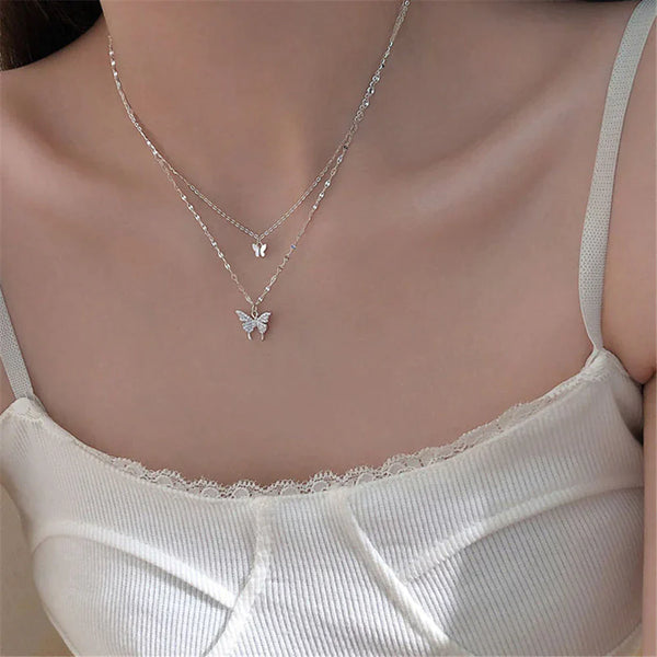 Ensemble de colliers en argent pour femmes - pendentif papillon élégant pour vos soirées - design délicat en couches