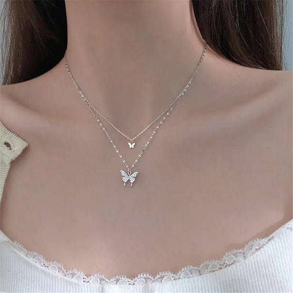 Ensemble de colliers en argent pour femmes - pendentif papillon élégant pour vos soirées - design délicat en couches