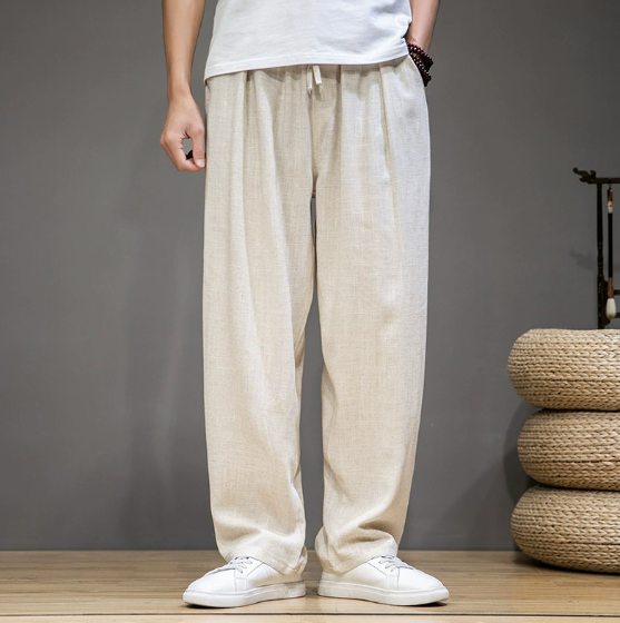 Pantalons en lin pour hommes - coupe loose kaki, décontractés et respirants