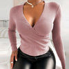 Top femme wrap chic à décolleté en v - pull en maille côtelée à manches longues pour un style décontracté et professionnel